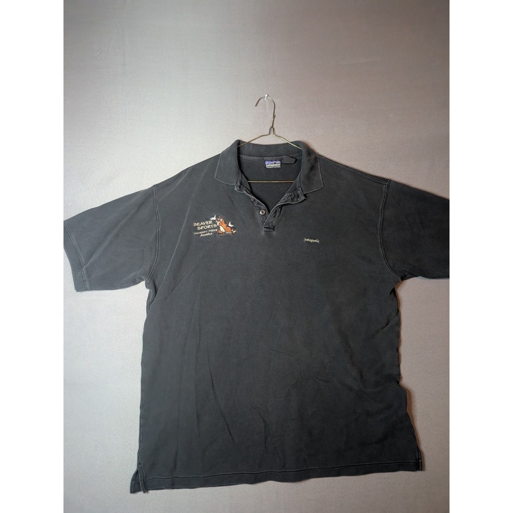 Vintage Patagonia Polo Shirt Mens Large Black Beaver Sports Alaska Embroidered